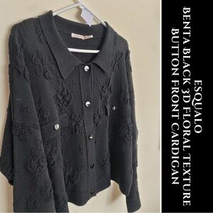 ESQUALO Benta Black 3D Floral Texture Button Front Cardigan